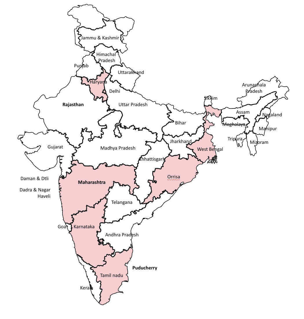 Map of India showing states where interviews were conducted